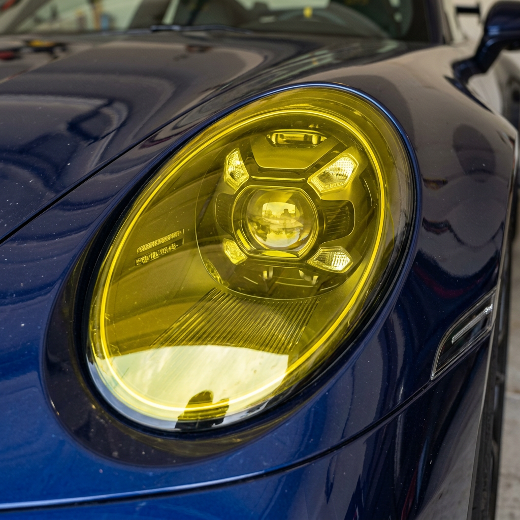 Yellow headlight protection film close-up
